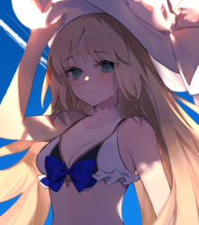 Rule 34 | 1girl, ahoge, artoria caster (fate), artoria caster (swimsuit) (fate), artoria caster (swimsuit) (third ascension) (fate), artoria pendragon (fate), bare shoulders, bikini, blonde hair, blue sky, blush, breasts, cleavage, facial mark, fate/grand order, fate (series), forehead mark, green eyes, hat, highres, long hair, looking at viewer, medium breasts, sky, smile, solo, sun hat, swimsuit, twintails, uxco0, very long hair, white bikini, white hat