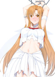 Rule 34 | 1girl, arms up, asuna (sao), blush, bound, bound wrists, breasts, brown eyes, brown hair, chain, chained, ear covers, elf, fairy wings, frown, groin, highres, large breasts, long hair, midriff, navel, no panties, parted bangs, pointy ears, raitho, simple background, skirt, solo, sword art online, titania (sao), very long hair, white background, white skirt, wings