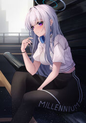 Rule 34 | 1girl, absurdres, black pants, blue archive, blush, breasts, closed mouth, collared shirt, feet out of frame, grey hair, headphones, headphones around neck, hidel, highres, large breasts, long hair, noa (blue archive), pants, purple eyes, shirt, short sleeves, sitting, solo, white shirt