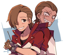 Rule 34 | 1boy, ace attorney, brown eyes, brown hair, clenched teeth, doppelganger, dual persona, evil grin, evil smile, fingerless gloves, gloves, grin, hair over one eye, jacket, looking at viewer, male focus, matt engarde, nono (norabi), phoenix wright: ace attorney - justice for all, red jacket, scar, scar across eye, shirt, short hair, smile, spoilers, teeth, upper body