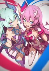 Rule 34 | 2girls, :d, alternate color, asymmetrical gloves, bare shoulders, blue eyes, blue hair, breasts, closed mouth, fang, gloves, hair between eyes, hair ornament, highres, honkai (series), honkai impact 3rd, liliya olenyeva, looking at viewer, mismatched gloves, multiple girls, nanase hibiki, open mouth, pink hair, purple gloves, purple legwear, rozaliya olenyeva, siblings, sisters, small breasts, smile, tail, thick eyebrows, thighhighs, twins, v, white background, white gloves, white legwear
