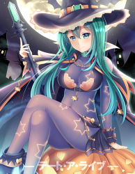 Rule 34 | 10s, 1girl, absurdres, bat wings, bodystocking, bow, bra, breasts, cape, chain, cleavage, copyright name, cross, date a live, gem, green eyes, green hair, guardian-panda, hat, high heels, highres, jewelry, legs, long hair, matching hair/eyes, medium breasts, natsumi (date a live), pumpkin, shooting star, sitting, sky, smile, solo, star (sky), star (symbol), starry sky, underwear, wings, witch hat