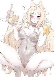 Rule 34 | 1girl, :d, @ @, absurdres, alcohol, animal ears, archetto (arknights), arknights, bare legs, bare shoulders, barefoot, beer, beer mug, black bow, black bowtie, black leotard, blonde hair, blue eyes, blush, bow, bowtie, breasts, cleavage, covered navel, cup, detached collar, drunk, heterochromia, highres, holding, holding cup, holding tray, large breasts, leotard, lilac (k32420276), long hair, looking at viewer, mug, muted color, nose blush, open mouth, red eyes, simple background, smile, solo, spread legs, squatting, strapless, strapless leotard, traditional bowtie, tray, unfinished, very long hair, white background