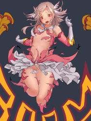 Rule 34 | 1girl, absurdres, artist request, bare shoulders, blush, commentary request, convenient censoring, exploding clothes, fate/kaleid liner prisma illya, fate (series), flat chest, gloves, head wings, highres, illyasviel von einzbern, long hair, midair, navel, no panties, open mouth, prisma illya, red eyes, shiny skin, silver hair, skirt, solo, teeth, thighhighs, torn clothes, torn skirt, torn thighhighs, wings