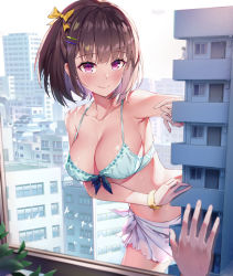 Rule 34 | 1boy, 1girl, apple (luffy123), bird, bow, bra, breasts, brown hair, building, cleavage, collarbone, giant, giantess, green bra, hair bow, hair ornament, hairclip, korean commentary, large breasts, looking at viewer, original, pov, pov hands, purple eyes, revision, scrunchie, short hair, smile, underwear, waving, wrist scrunchie, yellow bow