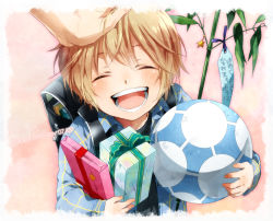 Rule 34 | 1boy, ^ ^, bag, ball, birthday, blonde hair, blush, box, brave story, child, closed eyes, gift, gift box, hand on another&#039;s head, holding, holding gift, male focus, mitsuru (brave story), nakagawa waka, open mouth, school bag, shirt, short hair, smile, solo focus, tanabata, translation request