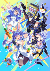 Rule 34 | &gt; &lt;, + +, 1girl, :d, :p, ;d, absurdres, animal ears, animal hands, armpits, backless dress, backless outfit, bare shoulders, black dress, black footwear, black gloves, black headwear, black leotard, black thighhighs, blue footwear, blue hair, blue jacket, blue nails, braid, breasts, brown pantyhose, closed eyes, closed mouth, coin, commentary request, controller, detached sleeves, dress, fishnet thighhighs, fishnets, fur-trimmed gloves, fur-trimmed sleeves, fur trim, game controller, gloves, hat, hayakawa harui, high heels, highres, hololive, jacket, leotard, long sleeves, medium breasts, mini hat, mini top hat, multicolored hair, multiple views, nail polish, one eye closed, open clothes, open jacket, open mouth, pantyhose, paw gloves, pekomon (usada pekora), puffy short sleeves, puffy sleeves, rabbit-shaped pupils, rabbit ears, shirt, shoe soles, shoes, short sleeves, skirt, sleeveless, sleeveless dress, slot machine, smile, socks, strapless, strapless dress, strapless leotard, symbol-shaped pupils, thighhighs, tilted headwear, tongue, tongue out, top hat, twin braids, twintails, two-tone hair, usada pekora, usada pekora (1st costume), usada pekora (casual), usada pekora (furi furi bunny dress), virtual youtuber, white dress, white footwear, white hair, white shirt, white skirt, white sleeves, white socks, xd