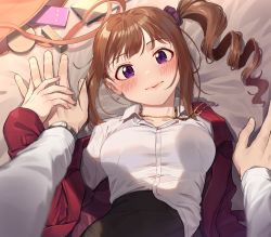 Rule 34 | 1boy, 1girl, ahoge, black skirt, blush, breasts, brown hair, cellphone, commentary request, cosmetics, drill hair, earrings, hair ornament, hair scrunchie, head tilt, high-waist skirt, idolmaster, idolmaster million live!, jacket, jewelry, kamille (vcx68), long sleeves, looking at viewer, lying, medium breasts, nail polish, necklace, on back, phone, pink nails, pov, pov hands, purple eyes, red jacket, scrunchie, shirt, side drill, side ponytail, skirt, smartphone, solo focus, upper body, watch, white shirt, wristwatch, yokoyama nao
