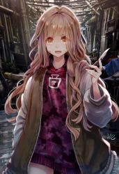 Rule 34 | 1girl, :d, absurdres, bad id, bad pixiv id, blood, blood on face, brown eyes, brown hair, commentary request, eyes visible through hair, hair intakes, hand up, highres, holding, holding knife, hood, hoodie, hoshizaki reita, jacket, knife, long sleeves, looking at viewer, open mouth, outdoors, red riding hood (sinoalice), signature, sinoalice, smile, solo