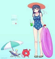 Rule 34 | 1girl, ahoge, beach umbrella, black hair, blue background, blue one-piece swimsuit, brown eyes, chair, character name, commentary request, drink, enemy lifebuoy (kancolle), full body, hat, highres, innertube, kantai collection, long hair, lounge chair, nakaaki masashi, one-piece swimsuit, polka dot, polka dot swimsuit, sandals, scrunchie, simple background, solo, straw hat, sun hat, swim ring, swimsuit, umbrella, ushio (kancolle), wrist scrunchie