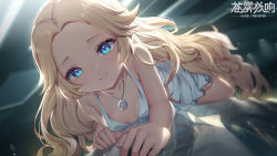 Rule 34 | 1girl, artist request, blonde hair, blue eyes, breasts, cleavage, dress, forehead, highres, jewelry, long hair, lying, necklace, on stomach, original, reflection, second-party source, short dress, sleeveless, sleeveless dress, small breasts, smile, solo, very long hair, white dress