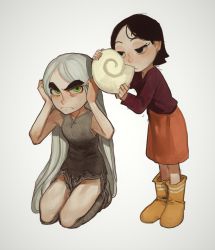 Rule 34 | 2girls, black eyes, black hair, boots, closed mouth, copyright request, covering own ears, frown, green eyes, highres, kneeling, long hair, long sleeves, medium hair, mossacannibalis, multiple girls, orange skirt, rags, red shirt, shell, shirt, simple background, skirt, thick eyebrows, very long hair, white background, white hair, yellow footwear