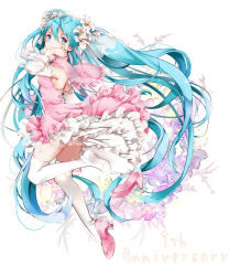 Rule 34 | 1girl, blue eyes, blue hair, breasts, capelet, closed mouth, detached sleeves, dress, floating hair, flower, from side, full body, hair between eyes, hair flower, hair ornament, hatsune miku, high heels, kyashii (a3yu9mi), layered dress, lily (flower), long hair, long sleeves, medium breasts, pink capelet, pink dress, pink footwear, pumps, see-through, sleeveless, sleeveless dress, solo, thighhighs, very long hair, vocaloid, white background, white flower, white sleeves, white thighhighs