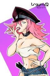 Rule 34 | 1girl, bracelet, breasts, choker, cleavage, cowboy shot, final fight, finger in own mouth, hand on own hip, highres, jewelry, large breasts, lipstick, makeup, medium breasts, midriff, poison (final fight), short shorts, shorts, solo, traum82
