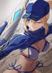 Rule 34 | 1girl, absurdres, ahoge, artoria pendragon (fate), baseball cap, bikini, blonde hair, blue eyes, blue headwear, blue jacket, breasts, cleavage, cropped jacket, fate/grand order, fate (series), hair between eyes, hair through headwear, hat, highres, jacket, lance, large breasts, long hair, long sleeves, looking to the side, mysterious heroine x (fate), mysterious heroine xx (fate), navel, one eye closed, polearm, ponytail, shrug (clothing), smile, swimsuit, twinmyniad (fate), tyone, weapon, white bikini