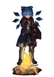 Rule 34 | 1girl, absurdres, adapted costume, alternate costume, armor, asymmetrical armor, belt, belt buckle, black capelet, blue hair, bonfire, bonfire (dark souls), brooch, brown belt, buckle, capelet, chainmail, cirno, clothing request, commentary, dark souls (series), english commentary, fire, full body, fur-trimmed capelet, fur trim, gloves, greaves, highres, holding, holding shield, jewelry, knee pads, messy hair, neck ribbon, outstretched arm, pauldrons, planted, planted sword, planted weapon, ramnik5, red ribbon, ribbon, shield, shoulder armor, shoulder strap, simple background, solo, sword, touhou, transparent background, wavy mouth, weapon, wings