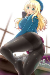 Rule 34 | 10s, 1girl, ass, atago (kancolle), black gloves, black pantyhose, blonde hair, breasts, feet, gloves, green eyes, hat, highres, huge breasts, kantai collection, long hair, military, military uniform, no shoes, open mouth, panties, panties under pantyhose, pantyhose, sarfata, solo, thighband pantyhose, underwear, uniform