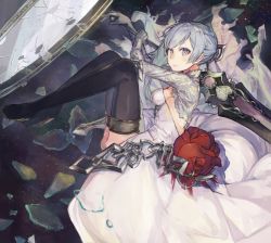 Rule 34 | 1girl, asymmetrical hair, black thighhighs, blood, boots, breasts, broken glass, chain, detached sleeves, dress, flower, glass, gloves, grey eyes, high heel boots, high heels, kikkaiki, rose, sideboob, silver hair, sinoalice, snow white (sinoalice), solo, sword, thigh boots, thighhighs, weapon