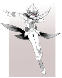 1boy drawing full_body gradient_background male_focus monochrome solo spot_color tenjo_kaito white_background yu-gi-oh! yuu-gi-ou yuu-gi-ou_zexal