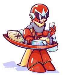 Rule 34 | 1boy, closed mouth, expressionless, highres, holding, holding paper, holding shield, humanoid robot, laser-lance, male focus, mega man (classic), mega man (series), milk carton, paper, proto man, robot, shield, simple background, solo, white background