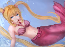 Rule 34 | 1girl, ahoge, blonde hair, blue eyes, blush, bracelet, breasts, earrings, hair ornament, jewelry, large breasts, long hair, low twintails, mermaid, mermaid melody pichi pichi pitch, monster girl, nanami lucia, navel, necklace, seashell, shell, simple background, solo, suterisu, tearing up, tears, twintails