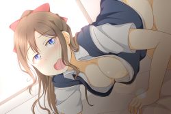 Rule 34 | 10s, 1girl, all fours, blue eyes, blush, breasts, brown hair, downblouse, feitonokesin, hair ribbon, hanging breasts, indoors, large breasts, lens flare, long hair, looking at viewer, love live!, love live! school idol festival all stars, no bra, open mouth, osaka shizuku, ponytail, red ribbon, ribbon, solo, window
