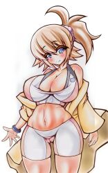 Rule 34 | 1girl, bike shorts, black shorts, black sports bra, black wristband, blue eyes, blue wristband, blush, breasts, brown hair, cleavage, collarbone, cowboy shot, gundam, gundam build fighters, gundam build fighters try, hair ornament, hair scrunchie, highres, hoshino fumina, jacket, large breasts, looking at viewer, midriff, multicolored clothes, multicolored shorts, multicolored sports bra, navel, open clothes, open jacket, pink scrunchie, pink shorts, pink sports bra, ponytail, scrunchie, shorts, sidelocks, simple background, smile, solo, sports bra, standing, stomach, white background, white shorts, wristband, yellow jacket, yutakasan-love