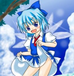 Rule 34 | 1girl, blue eyes, blue hair, cirno, clothes lift, dress, dress lift, embodiment of scarlet devil, female focus, gradient background, matching hair/eyes, nature, outdoors, plant, short hair, sky, solo, touhou, wings
