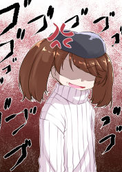 Rule 34 | 1girl, anger vein, beret, breast envy, brown hair, flat chest, hat, kantai collection, lowres, mikage takashi, ribbed sweater, ryuujou (kancolle), shaded face, solo, sweater, twintails, upper body
