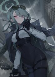 Rule 34 | 1girl, black gloves, black necktie, blue archive, breasts, closed mouth, coat, collared shirt, cowboy shot, eyewear on head, gloves, grey hair, hair ornament, hair over one eye, halo, high-waist pants, highres, holding, jacket, komugiko (0kmgk), long hair, long sleeves, looking at viewer, medium breasts, mina (blue archive), necktie, open clothes, pants, purple eyes, shirt, solo, standing, suitcase, sunglasses, walkie-talkie, white shirt