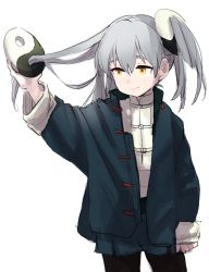 Rule 34 | 1girl, arm up, buckle, closed mouth, coat, green coat, grey hair, hair between eyes, highres, holding, leedoppo, light smile, long hair, long sleeves, looking to the side, one side up, original, simple background, sketch, solo, standing, vest, wavy mouth, white background, white vest, yellow eyes, yin yang