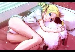 Rule 34 | 1girl, ass, atlus, bad id, bed, blonde hair, blue eyes, catherine, catherine (game), doll, drill hair, female focus, indoors, lamb, long hair, lying, panties, pillow, sheep, shirt, solo, twintails, underwear, white panties, white shirt, yucca (hitsujin)