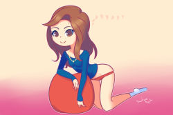 Rule 34 | 1girl, ball, blue shirt, breasts, brown eyes, brown hair, collarbone, drantyno, exercise ball, gradient background, jewelry, kneeling, long hair, long sleeves, looking at viewer, musical note, necklace, panties, panty pull, pink background, red panties, rq (ryuhi), shirt, small breasts, smile, socks, two-tone background, underwear, white socks, yellow background