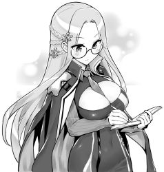 Rule 34 | 1girl, azur lane, between breasts, blush, breasts, cleavage, cleavage cutout, closed mouth, clothing cutout, covered navel, glasses, greyscale, hair ornament, holding, holding notebook, holding pencil, hori (hori no su), large breasts, long hair, looking away, monochrome, necktie, necktie between breasts, notebook, parted bangs, pencil, round eyewear, semi-rimless eyewear, shangri-la (azur lane), smile, snowflake hair ornament, solo, under-rim eyewear, writing