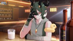 Rule 34 | 1boy, bandages, bar (place), black nails, bottle, closed mouth, cup, green hair, hand on own face, highres, honkai (series), honkai impact 3rd, horns, indoors, kosma, logo, male focus, milk, official art, official wallpaper, pointy ears, sitting, solo, yellow eyes