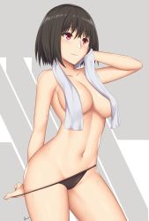 Rule 34 | 1girl, arcie albano, black hair, breasts, collarbone, derivative work, gridman universe, groin, highres, large breasts, looking away, navel, panties, panty pull, red eyes, shinjou akane, short hair, smile, solo, ssss.gridman, stomach, thighs, toned, topless, towel, underwear, wet, wiping face