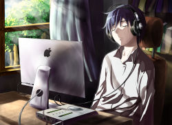 Rule 34 | 1boy, absurdres, akg, apple inc., bad id, bad pixiv id, blue hair, cable, headphones, highres, imac, kaito (vocaloid), listening to music, male focus, mosquito coils, short hair, sitting, sleeping, sleeping upright, solo, tears, vocaloid, window