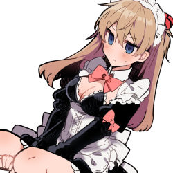 Rule 34 | 1girl, :s, alternate costume, apron, between legs, black dress, blush, bow, bowtie, breasts, cleavage, closed mouth, detached collar, dress, dutch angle, embarrassed, enmaided, hand between legs, headgear, ikeuchi tanuma, juliet sleeves, light brown hair, long hair, long sleeves, maid, maid apron, maid headdress, medium breasts, neon genesis evangelion, neon genesis evangelion gakuen datenroku, puffy sleeves, red bow, red bowtie, simple background, sitting, solo, souryuu asuka langley, sweatdrop, two side up, white apron, white background, wing collar