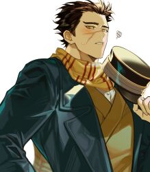 Rule 34 | 1boy, bishounen, black hat, blue coat, brown hair, coat, golden kamuy, hat, highres, holding, holding clothes, holding hat, looking at viewer, male focus, military hat, open clothes, open coat, rakkonabe, scar, scar on face, scar on nose, scarf, shirt, short hair, solo, striped clothes, striped scarf, sugimoto saichi, sweatdrop, toned, toned male, unworn hat, unworn headwear, upper body, white background, yellow eyes, yellow shirt