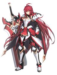 Rule 34 | 1girl, absurdres, ahoge, armor, armored boots, armored dress, black gloves, boots, claymore (sword), clenched hand, detached sleeves, elesis sieghart, fingerless gloves, gem, gloves, gold trim, grand chase, highres, holding, holding weapon, light smile, long hair, looking at viewer, mvrleson, official art, red eyes, red gemstone, red hair, red trim, shoulder armor, solo, sword, transparent background, very long hair, weapon, wrist guards