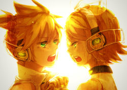 Rule 34 | 1boy, 1girl, bad id, bad pixiv id, blonde hair, brother and sister, green eyes, hair ribbon, headphones, highres, kagamine len, kagamine len (append), kagamine rin, kagamine rin (append), music, ohagi (ymnky), open mouth, portrait, ribbon, short hair, siblings, singing, twins, vocaloid, vocaloid append