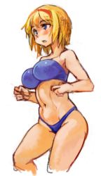 Rule 34 | 1girl, alice margatroid, bikini, blonde hair, blue bikini, blue eyes, blush, breasts, hairband, large breasts, navel, parted lips, sachito, short hair, simple background, sketch, solo, swimsuit, thick thighs, thighs, touhou, white background