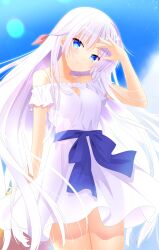 Rule 34 | 1girl, absurdres, blue eyes, dress, hair ornament, highres, long hair, looking at viewer, naruse shiroha, otou (otou san), ribbon, simple background, solo, summer pockets, very long hair, white dress, white hair