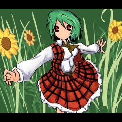 Rule 34 | 1girl, bad id, bad pixiv id, dmt (auburn), female focus, flower, green hair, kazami yuuka, letterboxed, outdoors, plant, red eyes, short hair, solo, standing, sunflower, touhou