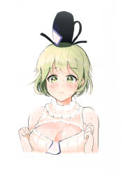 Rule 34 | 1girl, ameyame, bad id, bad pixiv id, blush, breasts, cleavage, cleavage cutout, clothing cutout, female focus, green hair, hat, large breasts, meme attire, open-chest sweater, ribbed sweater, short hair, simple background, sleeveless, sleeveless turtleneck, soga no tojiko, solo, sweater, tate eboshi, touhou, turtleneck, white background