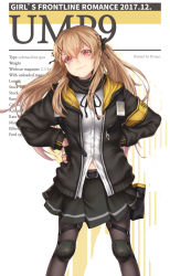 Rule 34 | 1girl, :3, artist name, black bow, black pantyhose, black ribbon, black scarf, black skirt, bow, brown hair, buckle, buttons, character name, dated, fingerless gloves, girls&#039; frontline, gloves, hair between eyes, hair bow, hair ornament, hairclip, hand in pocket, hand on own hip, head tilt, hood, hood down, hooded jacket, information sheet, jacket, knee pads, long hair, looking at viewer, midriff peek, neck ribbon, pantyhose, pleated skirt, red eyes, ribbon, ryu un, scar, scar across eye, scar on face, scarf, shirt, sidelocks, simple background, skirt, smile, solo, strap, thigh strap, twintails, ump9 (girls&#039; frontline), white background, white shirt
