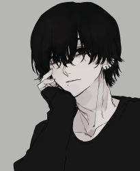 Rule 34 | 1boy, black eyes, black hair, black shirt, black theme, chainsaw man, closed mouth, earrings, ebanoniwa, fingernails, grey background, hair between eyes, head rest, highres, jewelry, light smile, long sleeves, looking at viewer, male focus, mole, mole under mouth, pale skin, shirt, short hair, simple background, sleeves past wrists, solo, upper body, yoshida hirofumi