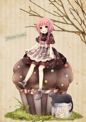 Rule 34 | 1girl, absurdres, ant, apron, bare legs, bird, bow, braid, branch, bug, candy, cat, chick, cupcake, dress, flower, food, green eyes, hair flower, hair ornament, hair over shoulder, hairpin, highres, bug, jar, nyaroro, original, personification, pink hair, polka dot, solo, twin braids