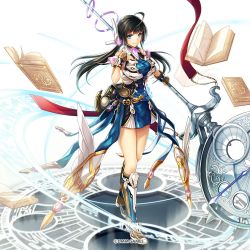 Rule 34 | 1girl, bag, belt, black hair, blue eyes, book, boots, breasts, commentary request, copyright name, dress, full body, gloves, hand on own chest, holding, hourglass, kamihime project, knee boots, large breasts, long hair, looking at viewer, low twintails, official art, original, short dress, simple background, skirt, sleeveless, smile, solo, staff, standing, twintails