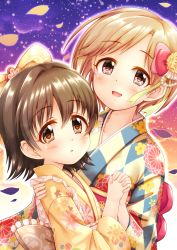 Rule 34 | 2girls, :d, aiba yumi, akagi miria, argyle, argyle clothes, argyle kimono, black hair, blush, bow, brown eyes, brown hair, commentary request, floral background, hair between eyes, hair bow, hair intakes, highres, holding hands, idolmaster, idolmaster cinderella girls, interlocked fingers, japanese clothes, kimono, long sleeves, looking at viewer, multiple girls, open mouth, parted bangs, parted lips, petals, pink bow, print kimono, red bow, regular mow, revision, smile, wide sleeves, yellow kimono